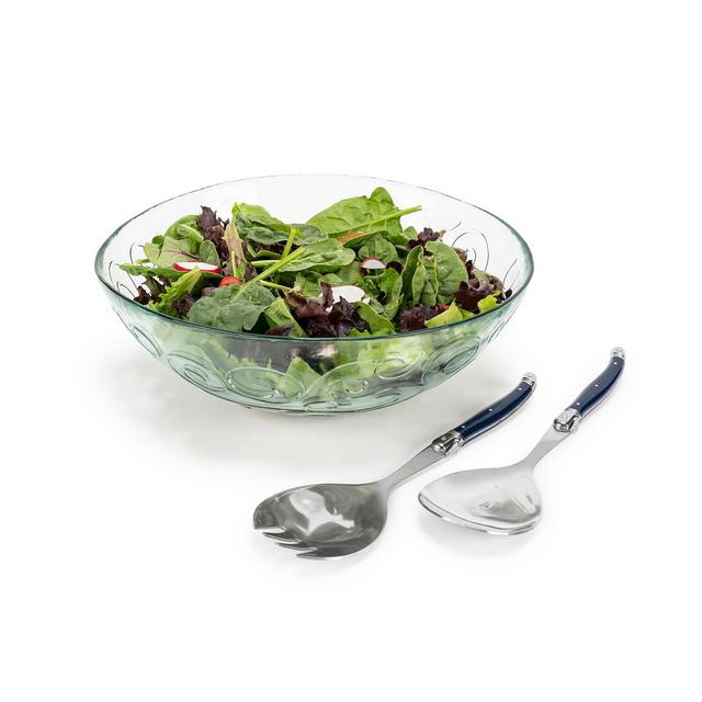 French Home Laguiole Glass Celebration Salad Bowl with Serving Utensils