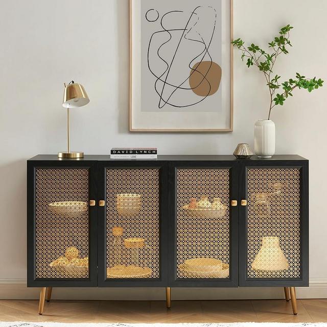 EDYO LIVING 63" Metal Decorative Sideboard Buffet Cabinet with LED Light, Black Credenza Storage Cabinet, Wood Accent Cabinet with 4 Doors for Living Room