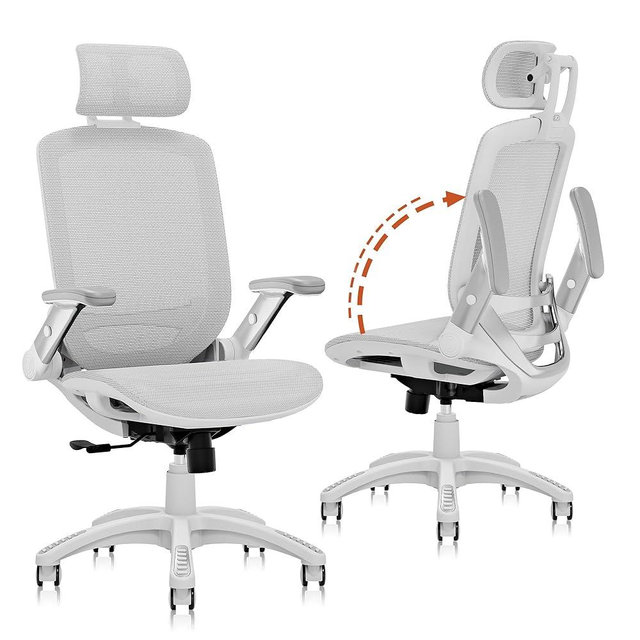 GABRYLLY Ergonomic Office Chair, High Back Home Desk Chair with Headrest, Flip-Up Arms, 90-120° Tilt Lock and Wide Cushion, 400LBS Mesh Chairs for Man Woman, White Task Chair(Grey,GY01WG)