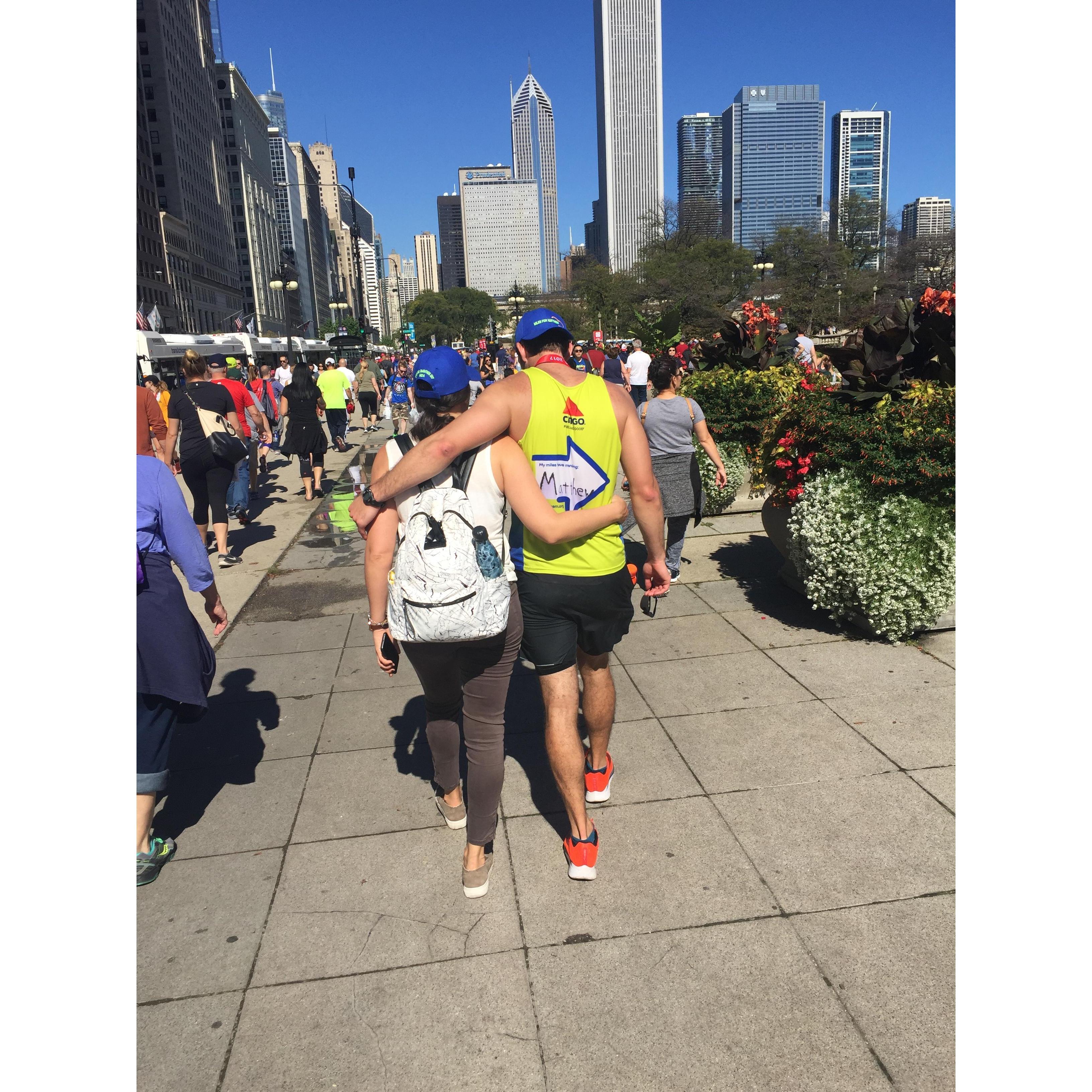 Helping Chas home after his awesome run in the 2017 Chicago Marathon! He finished under four hours and needed a helping hand to get home.