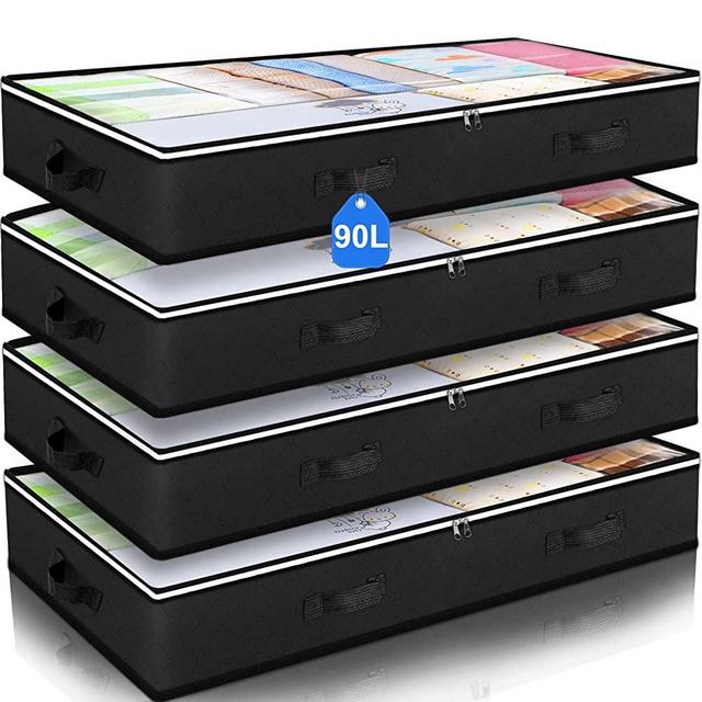 Budding Joy 4 Pack Under bed Storage Containers Organizer Large Capacity Underbed Clothes Storage Bins Organization and Storage Bedroom Foldable Storage Bags with Clear Window Black