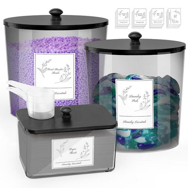 COAZEX 3 Pack Laundry Powder Container & Dryer Sheet Holder, Plastic Laundry Room Organization and Storage Jars with Lids, Labels & Scoops for Powder, Detergent, Scent Booster (Black)