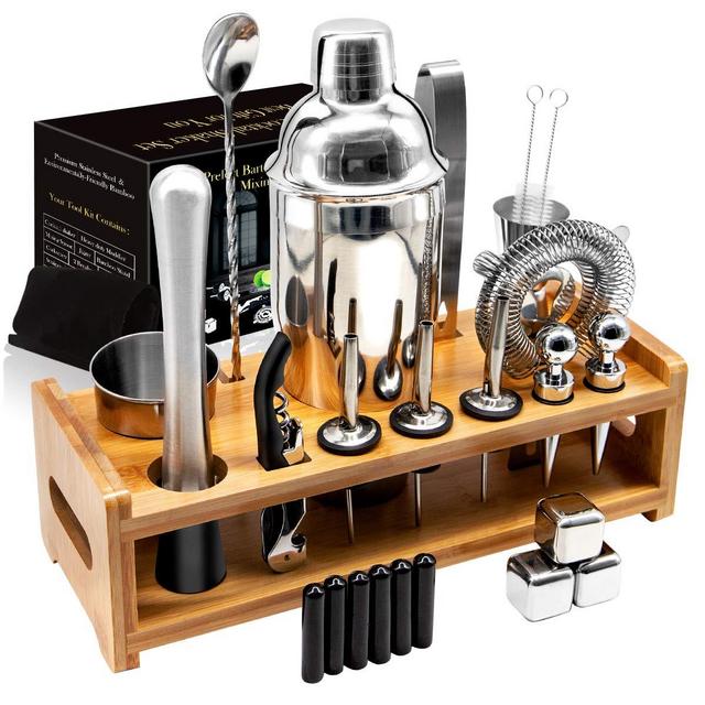 26Pcs Stainless Steel Cocktail Bar Tool Set,Perfect Bar Accessories for Home Bar Set and Martini Mixer Kit with Bamboo Stand for Making Awesome Drink Mixing Experience Ideal Gift Set (Silver)