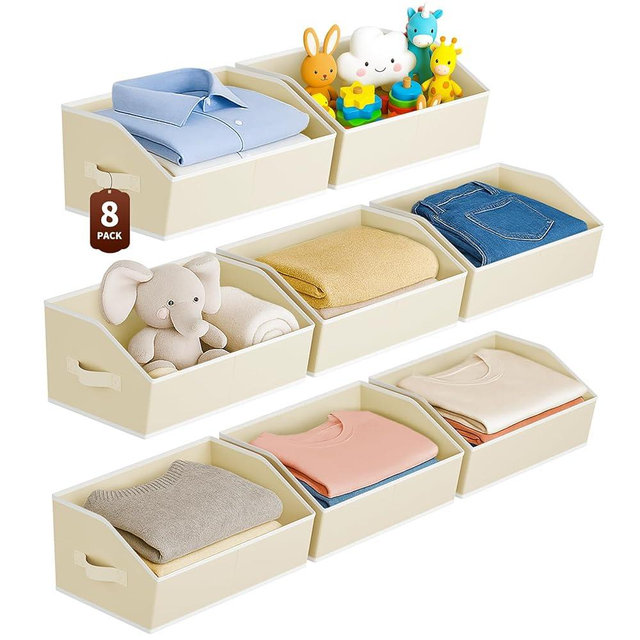 Homsorout Large Closet Organizers and Storage Bins - 8 Pack Trapezoid Storage Baskets for Shelves, Foldable Fabric Baskets with Handles Ideal for Closet, Basket, Wardrobe and Shelf Storage, Beige