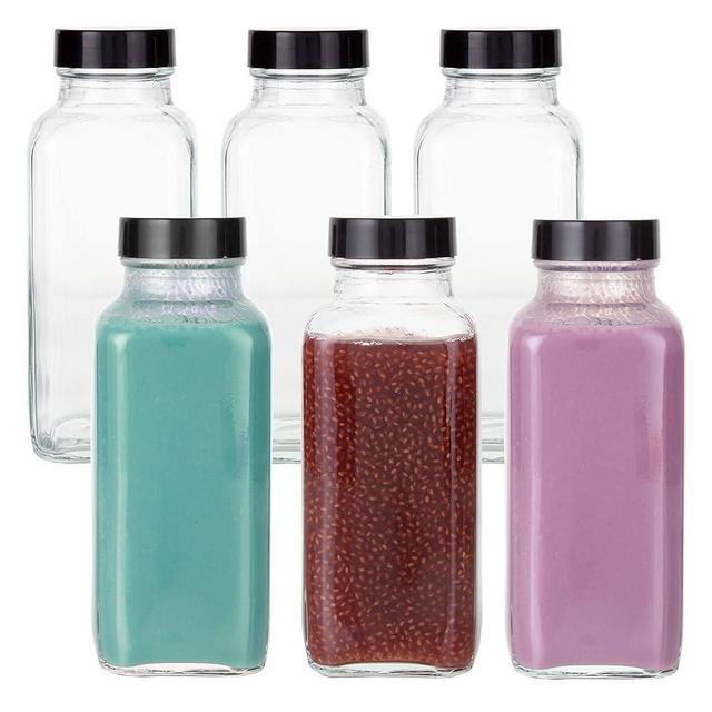 Ilyapa 12 oz Glass Juice Bottle Pack of 6 Glass Drinking Bottles with Lids Perfect For Juice, Milk, Coffee, Tea, Kombucha - American Family-Owned Business
