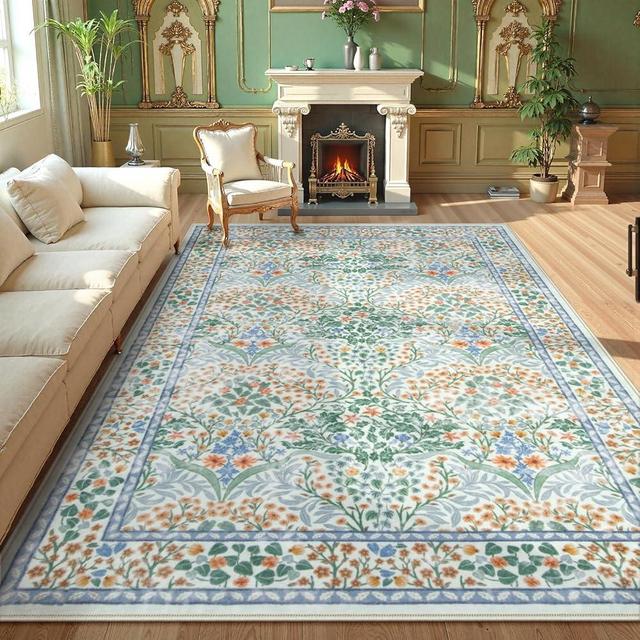 Lahome Floral Washable Rugs 8x10, Soft Green 8x10 Area Rugs for Living Room Bedroom, Boho Non-Slip Forest Stain Resistance Large Throw Carpet for Farmhouse Dining Room Office, Green