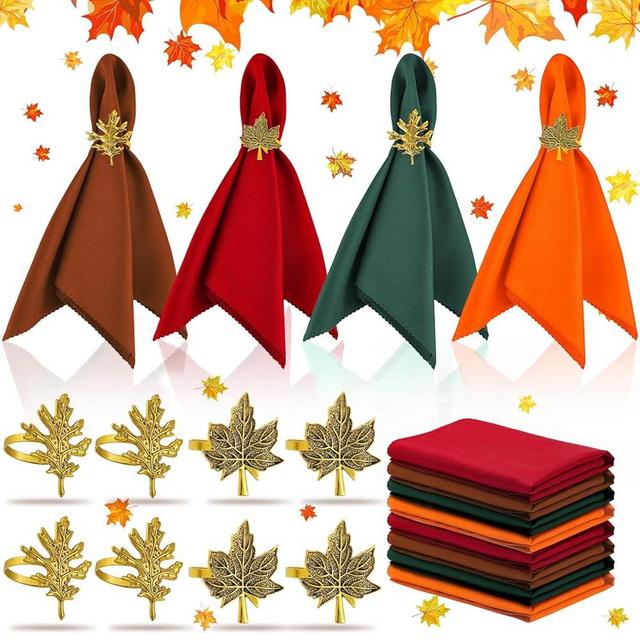 16 Pcs Fall Thanksgiving Napkin Ring Set 8 Pcs Napkin Rings and 8 Pcs Washable Thanksgiving Dinner Napkins for Fall Party Holiday Kitchen Table Decoration for Autumn Party Supplies(Maple)