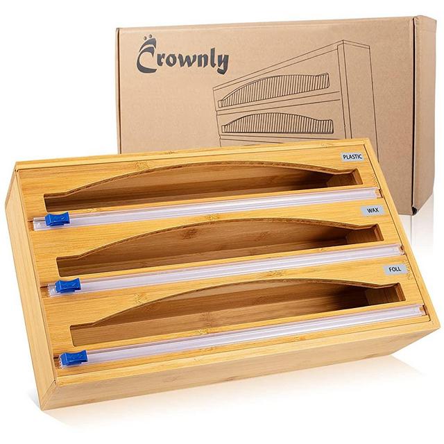 Plastic Wrap Dispenser with Cutter, 3-in-1 Bamboo Wrap Dispenser for Aluminum Foil, Wax and Parchment Paper,Organizer and Storage for Kitchen Drawer Fits 12" Roll