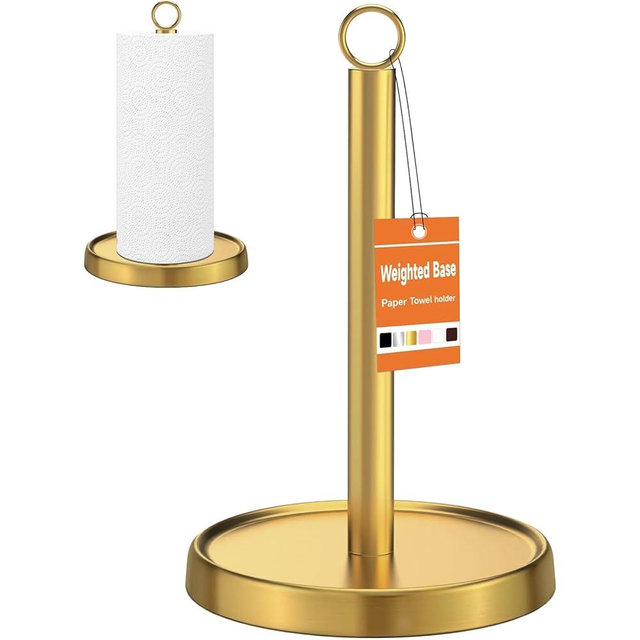Gold Paper Towel Holder Countertop, Gold Kitchen Accessories Decor, Stainless Steel, Weighted Base, Paper Towel Stand for Bathroom Farmhouse Essentials