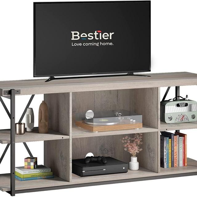 Bestier Farmhouse Wooden 55 inch TV Stand with Storage Shelves Wash Grey