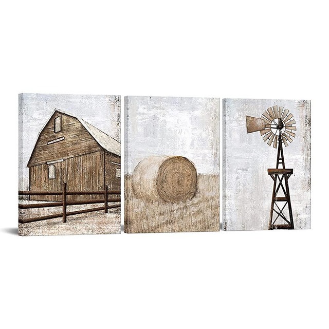 HOMEOART Farmhouse Wall Art Rustic Barn Windmill Cornfield Pictures Countryside Rural Landscape Painting Canvas Artwork Stretched and Framed Ready to Hang Home Decor 12"x16"x3 Pieces