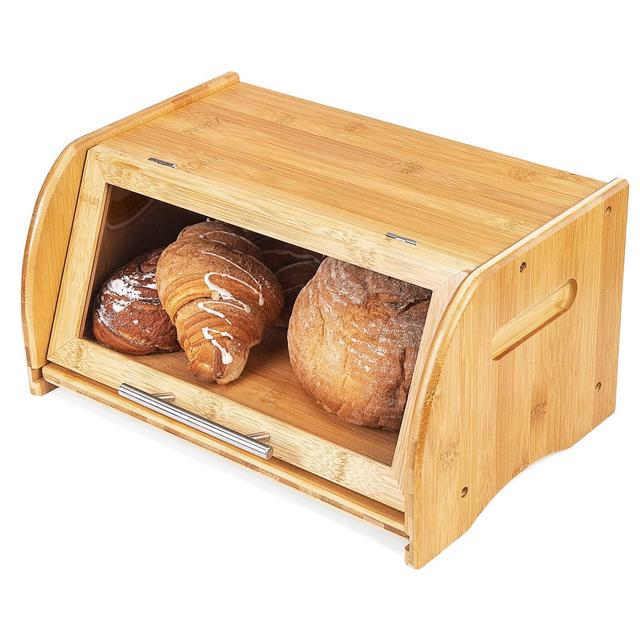 Apace Living Complet Stylish Bamboo Bread Box with Chopping Board for Kitchen Countertop, Extra Large Wooden Bread Storage with Window, Air Vents Keeps Bread, Bagels and Rolls Fresh