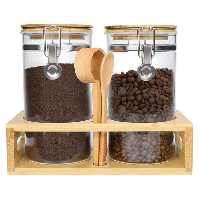 Glass Coffee Containers with Airtight Locking Clamp Bamboo Lids ,2x45 oz Coffee Bean Storage with Shelf and Long Scoop and Measuring Spoon,Large Glass Food Storage Jars for Coffee Ground Tea Sugar…