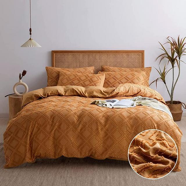 JELLYMONI Duvet Cover Queen, Rust Microfiber Tufted Duvet Cover Set, Boho Textured Duvet Cover Jacquard Rhombus Geometric Pattern Duvet Cover with Corner Ties & Zipper Closure
