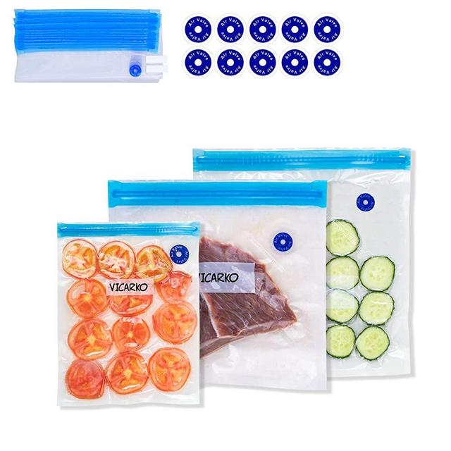 VICARKO Vacuum Sealer Zipper Bags 30 BPA Free with Air Valve Double Layers Sous Vide Cooking Replacement for Portable Handheld Pump Reusable Resealable Plastic Sandwich Freezer Bags for Food Storage Kitchen Combo