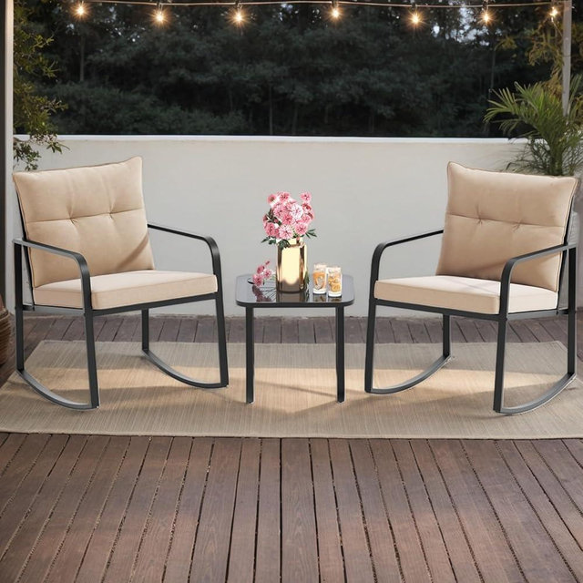 Gizoon 3 Piece Rocking Bistro Set, Black Steel Patio Furniture, Porch Chairs Conversation Set with Glass Coffee Table, Back Cushion, for Balcony, Garden, Pool, Backyard, Beige