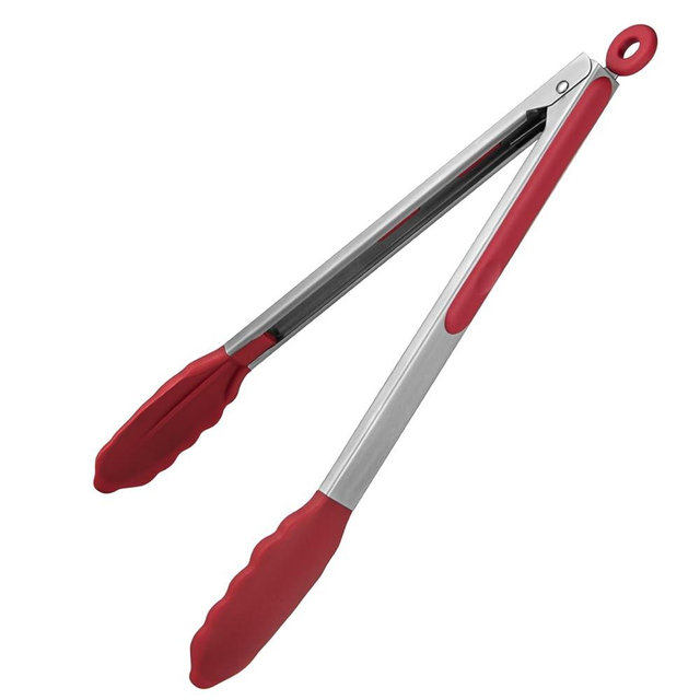 600ºF Heat Resistant Kitchen Tongs: U-Taste 12 inch Large Silicone Cooking Tong with Sturdy Non Stick Rubber Tips & Silicon Coated 18/8 Stainless Steel Handle & Smooth Locking for Serving Grill (Red)