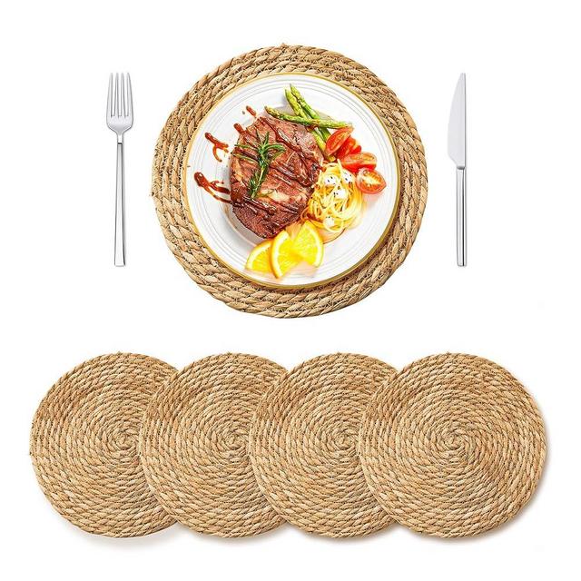 Defined Deco Woven Placemats Set of 4,13" Round Rattan Placemats,Natural Hand-Woven Water Hyacinth Placemats,Farmhouse Weave Place Mats,Rustic Braided Wicker Table Mats for Dining Table,Home,Wedding.