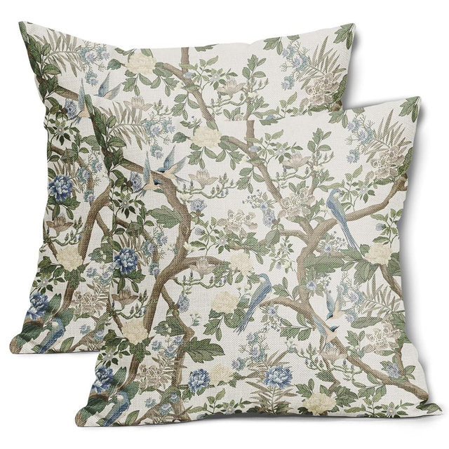 AmplePisce Chinoiserie Pillow Covers 20x20 Inch Set of 2 Blue Green Bird Floral Cotton Linen Decorative Throw Pillow Case Vintage Flower Cushion Covers for Bedroom Sofa Living Room Chair