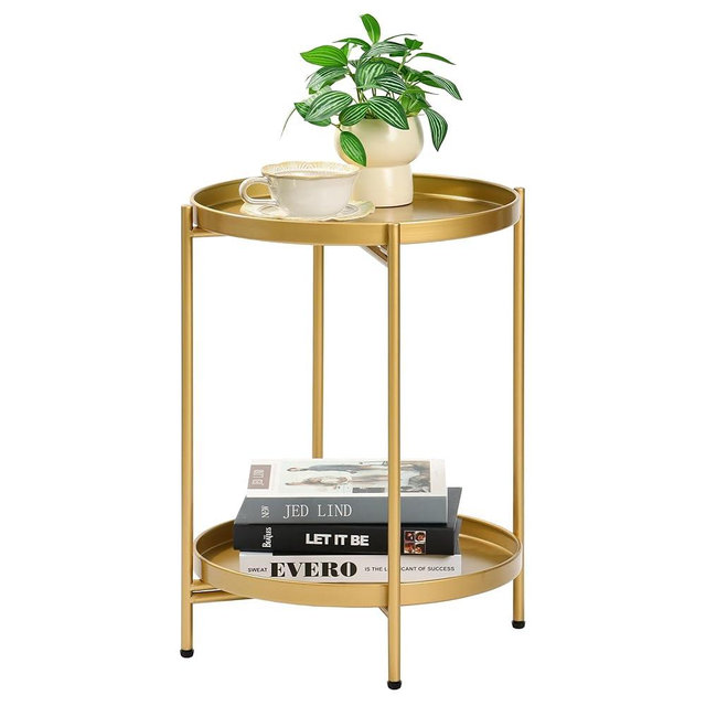 Mordchil HF 2-Tier Round End Side Table, Small Metal Side Table with Removable Tray, Folding Accent Tables for Living Room, Balcony, Nightstand for Bedroom, Outdoor Tables for Patio, Gold