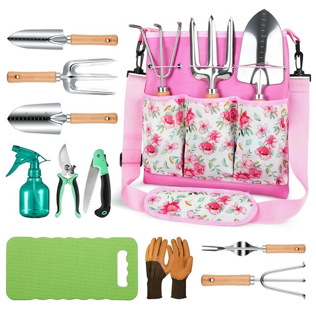 All-in-One Garden Tool Set, 11-Piece Heavy Duty Gardening Tools with Ergonomic Canvas Shoulder Crossbody Bag, Rust-Proof Premium Garden Tool Kit, Gardening Gift for Women Men (Pink)