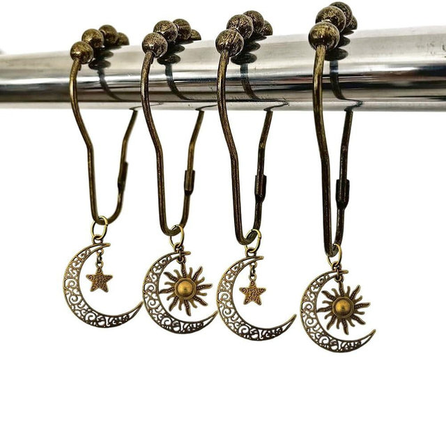 Decorative Moon Shower Curtain Hooks for Bathroom Shower Rods - Rustproof Curtain Rings Set of 12 with Vintage Moon Suns Stars Celestial Bodies Gothic Mystic Boho Theme Bathroom Decor (Bronze)