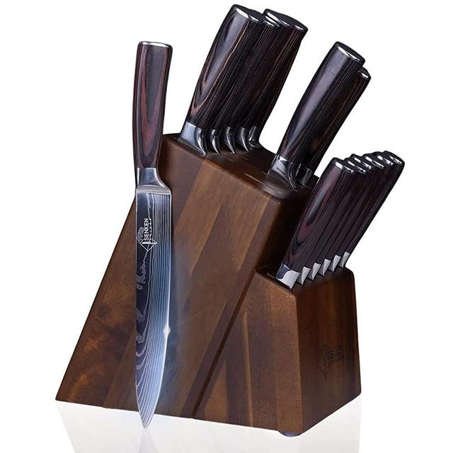 SENKEN 16-Piece Natural Acacia Wood Kitchen Knife Block Set - Japanese Chef's Knife Set with Laser Damascus Pattern, Includes Steak Knives & Kitchen Shears, Santoku, Cleaver & More (Wooden Handles)