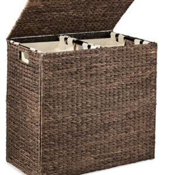 Best Choice Products - Large Natural Water Hyacinth Double Laundry Hamper Basket w/ 2 Liner Bags, Handles - Espresso