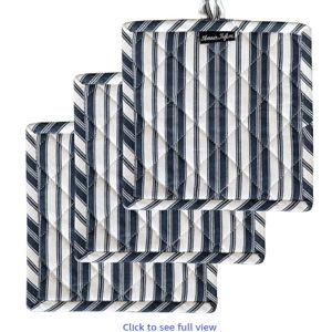 AMOUR INFINI Double Stripe Pot Holders Heat Resistant Cotton Set of 3 Nonslip 8"x8" Inch Hot Pads for Kitchen, BBQ, Baking & Cooking with Hanging Loops (Blue)
