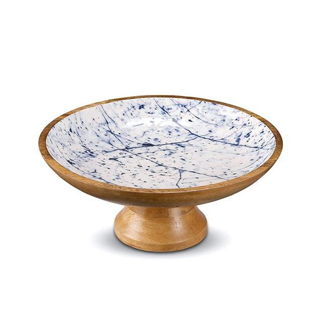 Wooden Fruit Bowl or Decorative Fruit Holder for Kitchen Counter or Centerpiece Table Decor, 12-inch Large Serving Bowls for Breads or Fruits, Mango Wood. Blue Marble