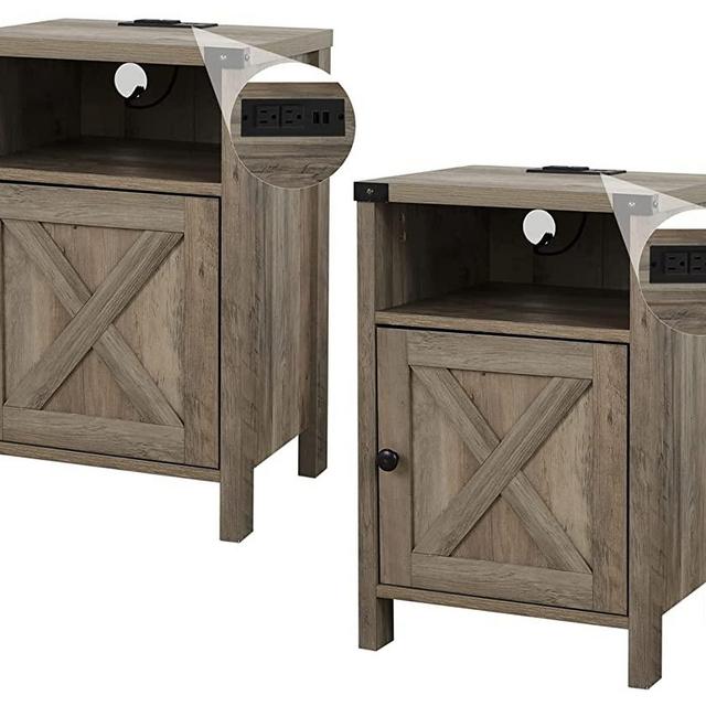 Farmhouse Nightstand Set of 2 with Charging Station,Industrial Bedside Table with Storage Living Room Bedroom Side Table End Table with Barn Door,Grey