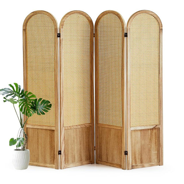 4 Panel Room Divider and Folding Privacy Screen, 5.6 Ft Foldable Double Hinged Rattan Partition, Hand-Woven Rattan Room Divider Portable Wood Freestanding Wall Divider for Room Separation - Natural