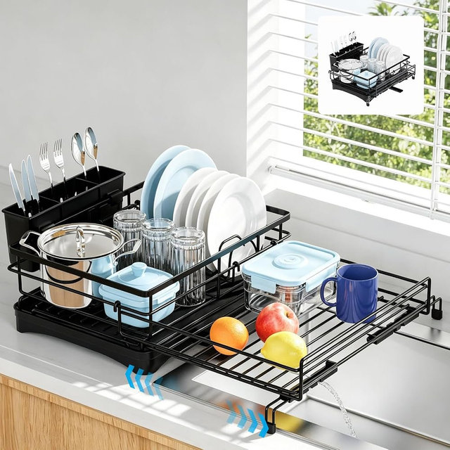 DRGIULOI Expandable Dish Drying Rack for Kitchen Counter, Large Capacity Dish Rack with 360° Rotatable Drain Spout & Utensil Holder, Stainless Steel Dish Drainer for Kitchen Sink, Black