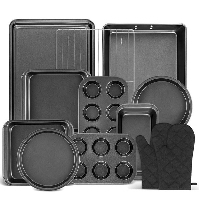 Funnydin 12PCS Nonstick Baking Pans Set - Stackable Bakeware Sets with Wider Grip, Carbon Steel Baking Set Including Cookie Sheets for Baking, Muffin Pan, Loaf Pan, Cake pan, Roasting Pan, Oven Mitts