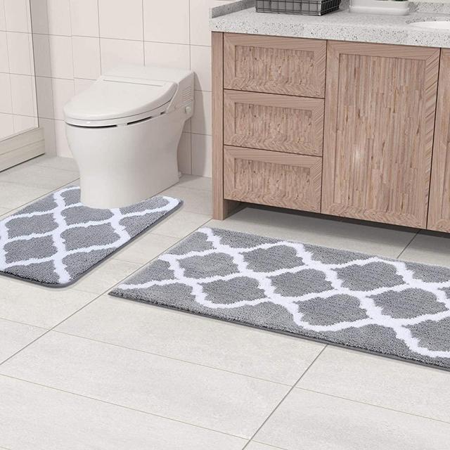 Olanly Bathroom Rugs Set 2 Piece Microfiber Bath Shower Mat and U-Shaped Toilet Rug, Machine Wash Dry, Non Slip Absorbent Shaggy Bath Rug for Tub, Shower and Bath Room (17"x47"+20"x24", Grey)