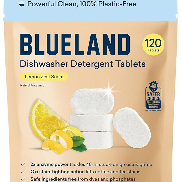 BLUELAND 100% Plastic-Free Dishwasher Detergent Tablets, 120 Count, Lemon Zest Scent, Eco Friendly Dishwashing Pods, Natural, USDA Certified biobased