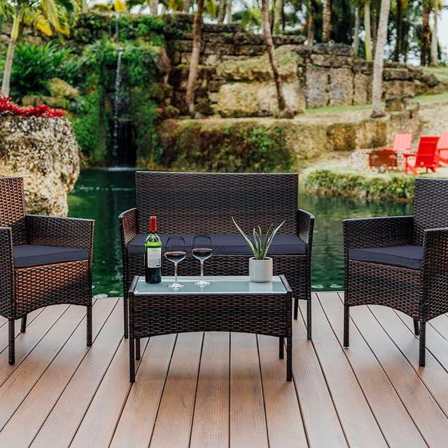 Nestl Wicker Patio Furniture Set - 4 Piece Patio Set with Patio Chairs Set of 2, Loveseat, Glass Top Coffee Table, Outdoor Furniture Sets for Backyard or Pool, Front Porch Furniture Set (Brown/Navy)