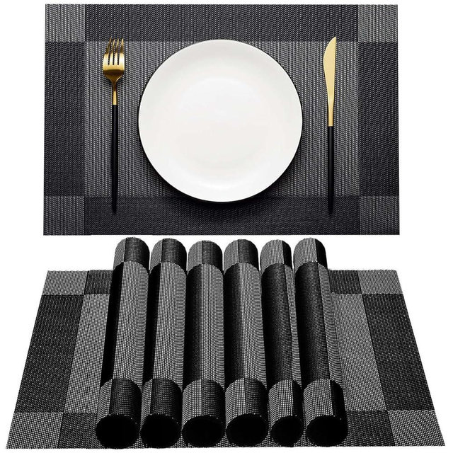 AHHFSMEI Placemats for Dining Table Set of 8 Woven Vinyl Plastic Place Mats Non-Slip Heat Insulation Stain Resistant Table Mats Washable Easy Clean Placemats (Black Corner 8)
