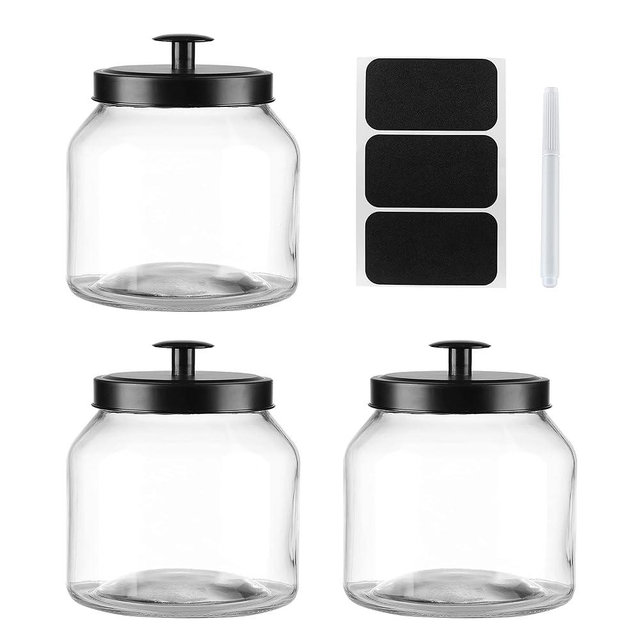 Hyperspace Glass Cookie Jar Food Container with Airtight Black Metal Lid, Medium, 3PCS