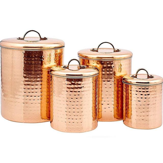 nu steel Hammered Copper Stainless Steel 4pc Canister Set, Beautiful Food Storage Container for Kitchen Counter, Tea, Sugar, Coffee, Caddy, Flour Canister with Rubber seal lid, TG-843C-SET4
