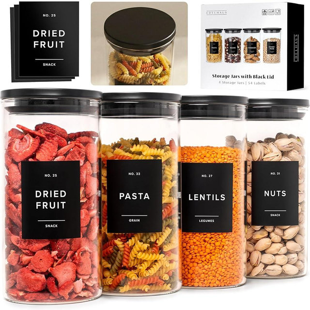 EDELHAUS Glass Storage Containers with Black Lids [4x40oz] Extra Thick Glas with 54 Labels - Canister For Pantry Noodles Flour Cereal Rice Sugar Tea Coffee Beans - Round Set