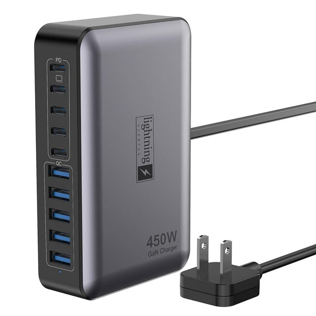 USB C Charger Block 10 Ports, 450W USB Charging Station for Multiple Devices, 5 Type C + 5 USB A GaN PD Charger Hub, Compact Power Brick Super Fast Charging for MacBook, Ipad, iPhone, Samsung