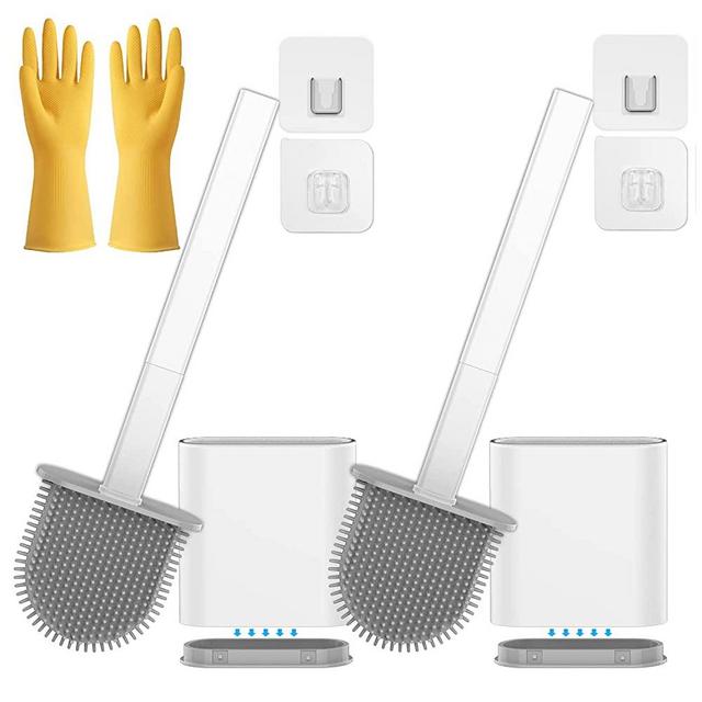 2 Pack Silicone Toilet Brush, Toilet Cleaning System, Wall Toilet Wand No-Slip Long Handle Soft Silicone Bristle Clean Toilet Corner Easily, Wall Mounting (New-no Dripping)