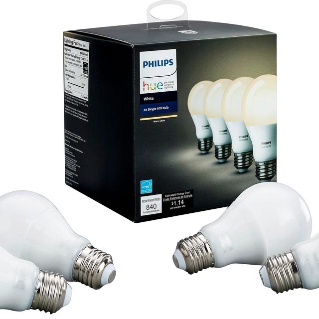 Philips - Hue White A19 Wi-Fi Smart LED Bulb (4-Pack) - White