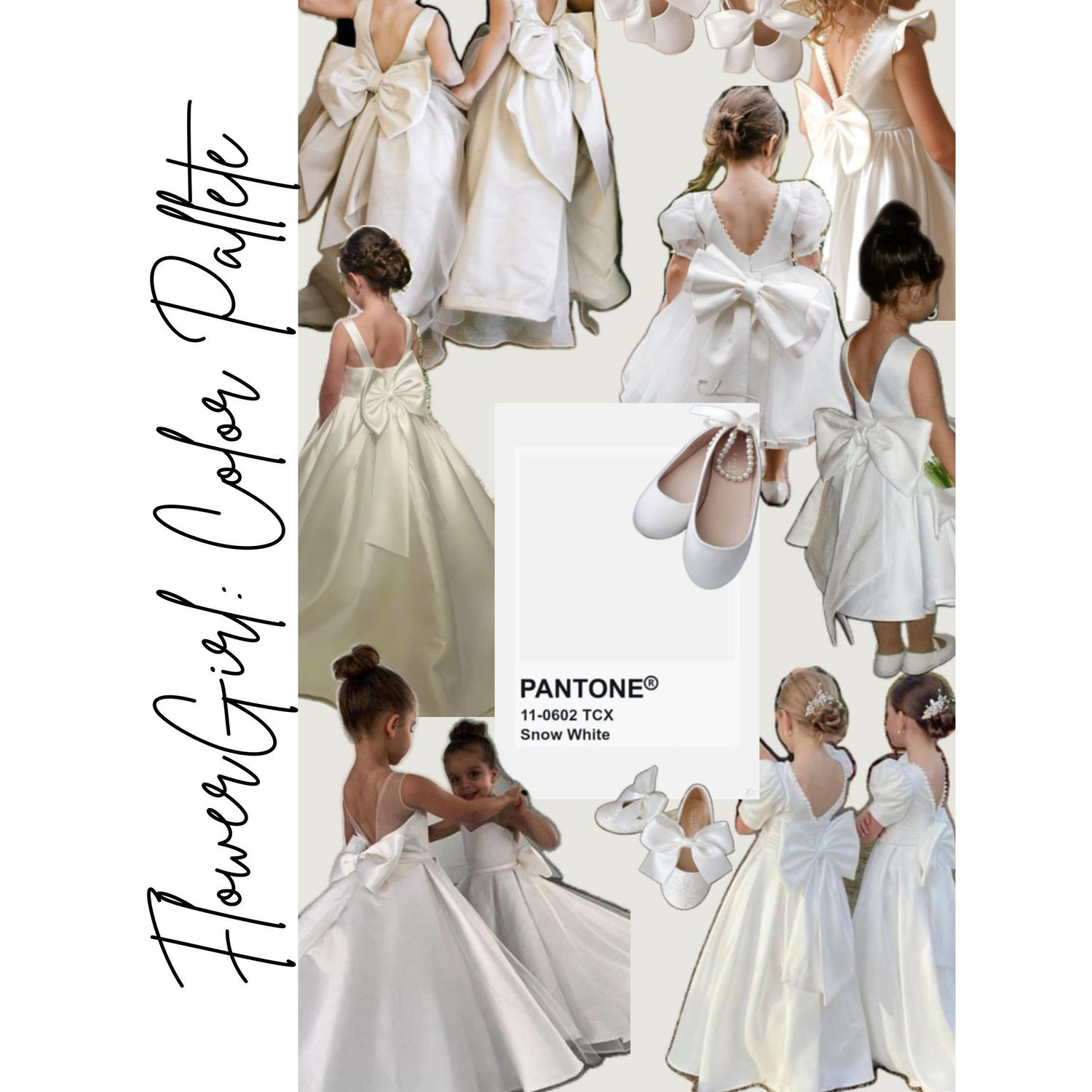 Flower girls will wear all-white satin dresses featuring dramatic bows. The look is classic and elegant, designed to complement the wedding’s style with timeless simplicity and charm.