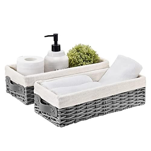 Wicker Storage Baskets with Liner, 2 Pack Decorative Woven Storage Baskets for Shelves, Laundry Blankets Towels Baskets, Toilet Paper Storage, Small Organizing Basket for Closet, Bathroom (Grey)