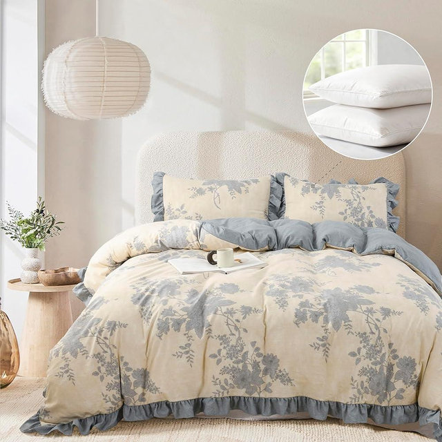 Oli Anderson 5 Piece Floral Comforter Set, Vintage Botanical Print Bedding Set, Farmhouse Lightweight Cottagecore Bed in a Bag with 1 Ruffle Flowers Comforter, 2 Pillowcases, 2 Pillows (Blue, Queen)
