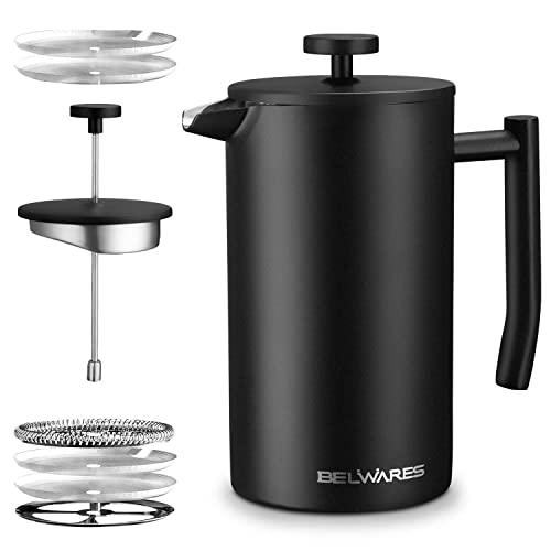 Belwares French Press Coffee Maker - Double Wall 304 Stainless Steel - 4 Level Filtration System with 2 Extra Filters, 34 oz (1L), Black