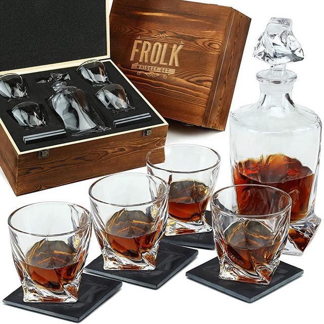 Twisted Whiskey Decanter Set with Glasses - Premium Glass Decanter for Whisky, Bourbon, Scotch - 4 Extra Large Whiskey Glasses and 4 slate Coasters in Pinewood Box - Premium Whiskey Gift Set for Men