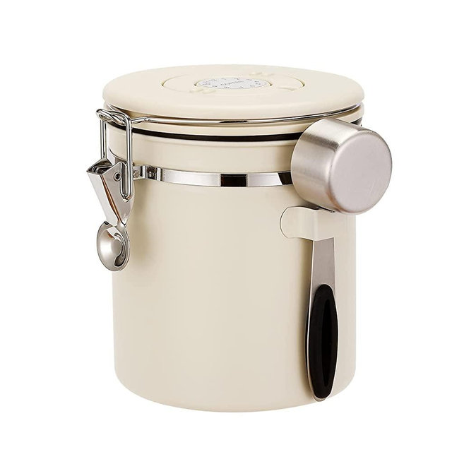 ShanSon Coffee Canister Airtight Stainless Steel Kitchen Food Storage Container with Date Tracker for Beans Grounds Tea Flour Cereal Sugar, 50Fl Oz, Beige